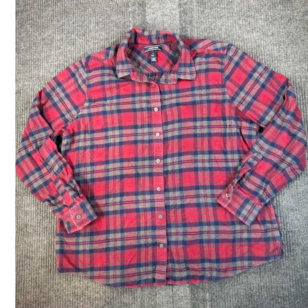 Lands End Womens 18 Red Navy Blue Plaid Flannel Button Down Shirt Cotton L/S